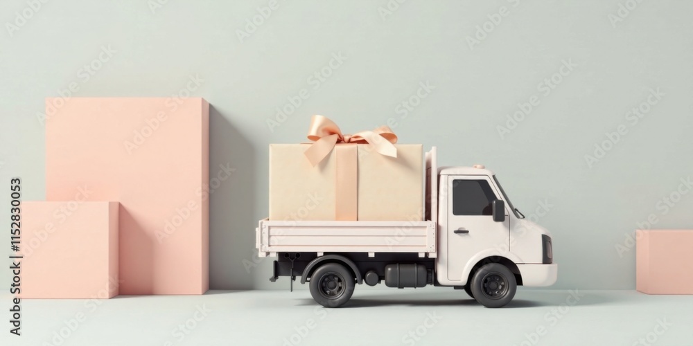 Obraz premium Pastel Pink Truck Delivering a Large Gift Box with a Peach Bow