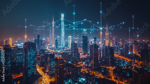 Wallpaper Mural Smart digital city with connection cyber security network reciprocity over the cityscape . future smart wireless digital city and social media networking systems that connects people within the city Torontodigital.ca