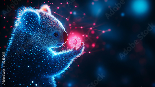 A glowing koala holding a digital currency symbol in a vibrant, colorful environment, blending nature and technology.