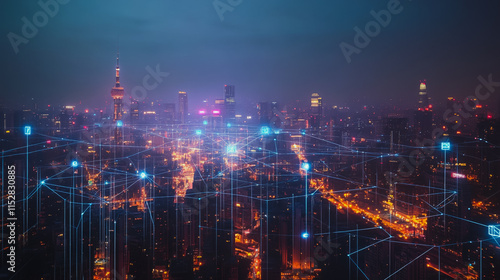 Smart digital city with connection cyber security network reciprocity over the cityscape . future smart wireless digital city and social media networking systems that connects people within the city