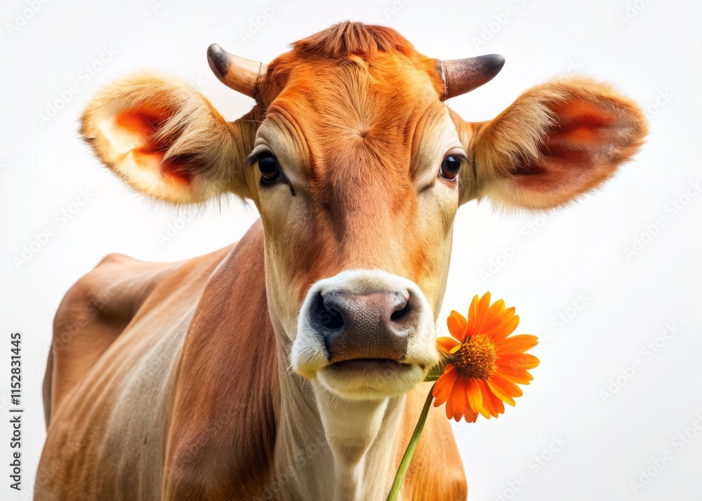 Cow Portrait Orange Flower White Background - Medium Shot Farm Animal Photography Cow Portrait Orange Flower White Background - Medium Shot Farm Animal Photography
