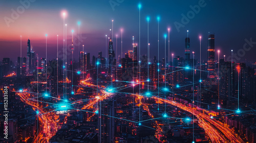 Wallpaper Mural Smart digital city with connection cyber security network reciprocity over the cityscape . future smart wireless digital city and social media networking systems that connects people within the city Torontodigital.ca