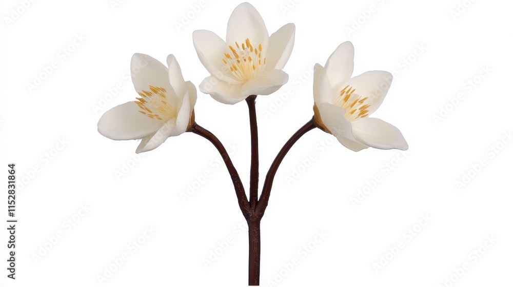 Obraz premium A delicate arrangement of three white flowers with yellow centers, showcasing a natural beauty perfect for decoration or floral displays.