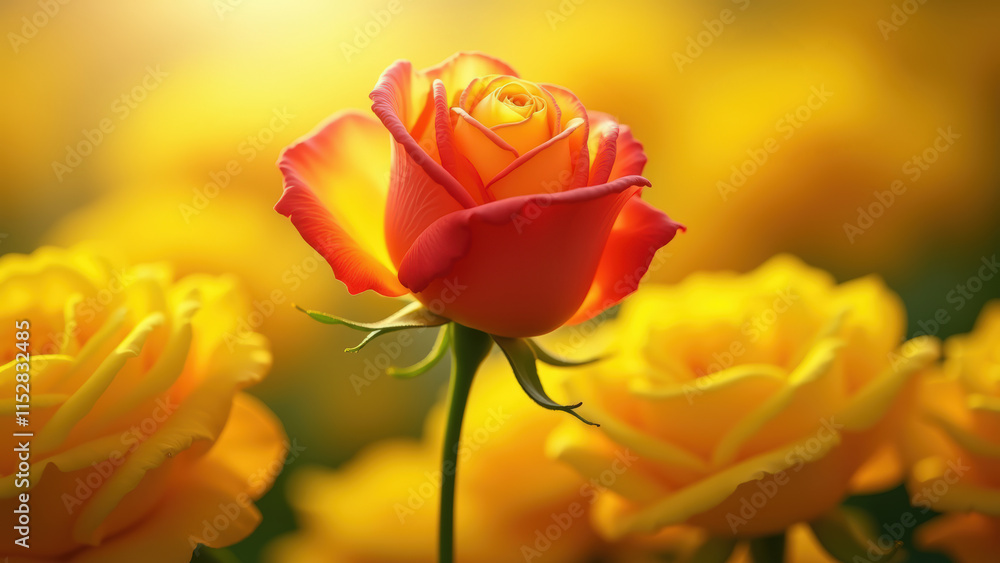 Fototapeta premium Single Orange-Yellow Rose Blooming with Vibrant Colors in a Sunlit Garden, Featuring Soft Focus and Blurred Background
