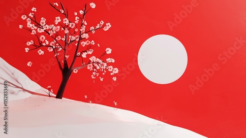 Breathtaking 3D featuring blossoming plum trees set against a radiant red sky creating a captivating dreamlike landscape with an editable text zone for versatile use photo