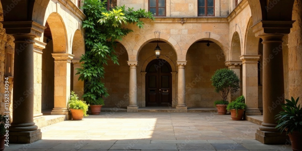 Fototapeta premium Sunlit Courtyard with Stone Columns and Archways, Peaceful Serenity in a Classical Architecture Setting