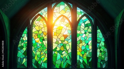 Vibrant Stained-Glass Window with Shamrocks and Celtic Patterns in a Church Interior