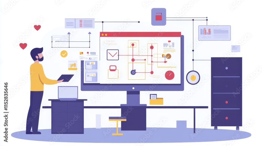 Businessman or engineer working on business process automation or algorithm with flowchart on computer screen Businessman or engineer working on business process automation or algorithm with flowchart on computer screen