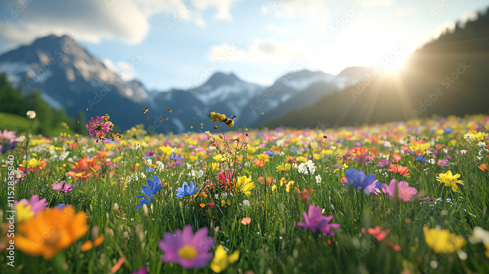 Fototapeta premium A beautiful, sun-drenched spring summer meadow. Natural colorful panoramic landscape with many wild flowers of daisies against blue sky. A frame with soft selective focus. 