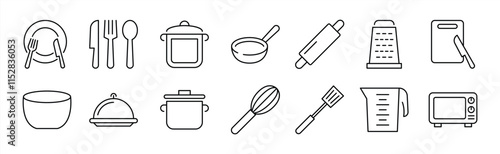 set of kitchen cooking thin line icon. contain kitchen appliance, fork, spoon, knife, frying pan, plate, spatula, oven, kitchen essentials icon collections. vector illustration