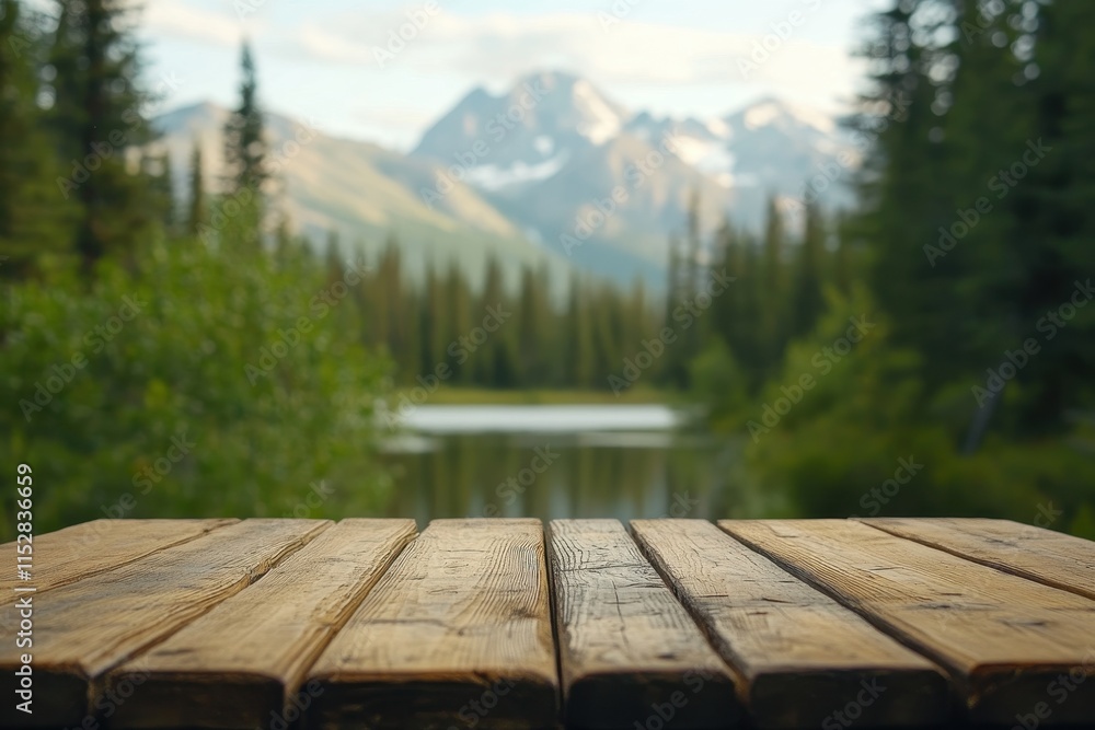 Wooden table with mountain lake background.