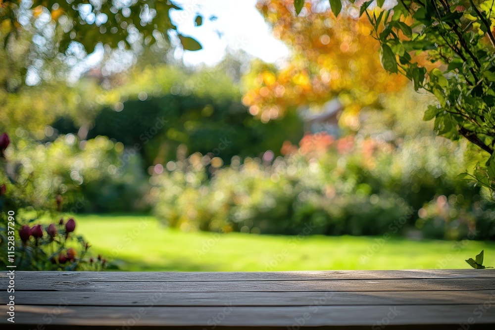 Wooden table in front of a blurred autumn garden. Wooden table in front of a blurred autumn garden.