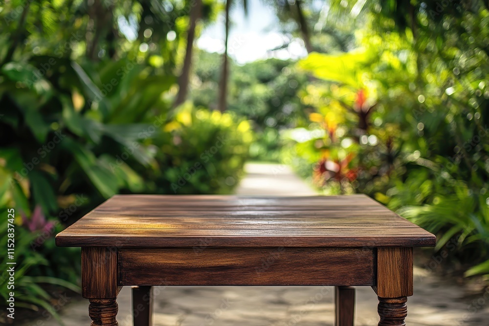 Empty wooden table in lush tropical garden. (1) Empty wooden table in lush tropical garden. (1)
