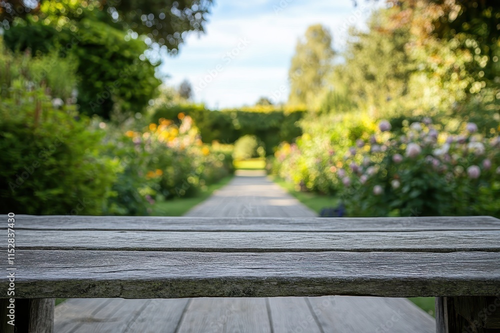 Empty wooden bench in a blurred garden path. Empty wooden bench in a blurred garden path.