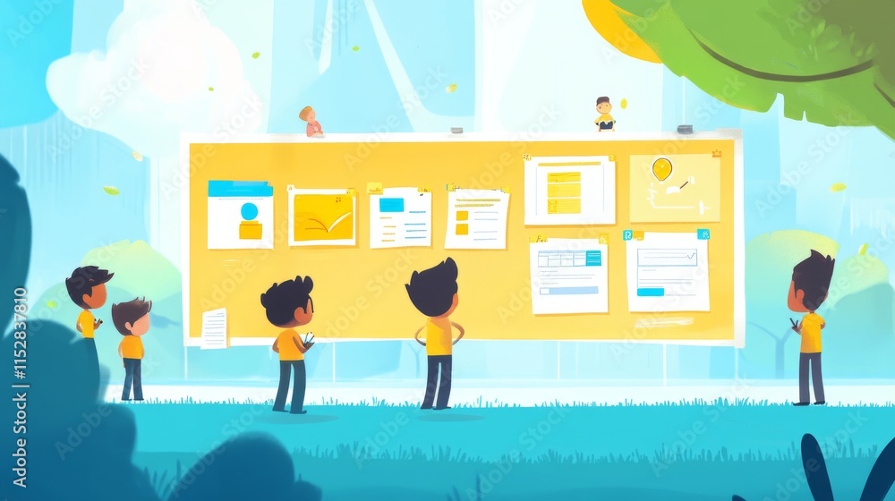 Naklejka premium Scrum sprint methodology as agile development process tiny person concept. Software integration and implementation process plan with task planning strategy vector illustration. Effective work tool.