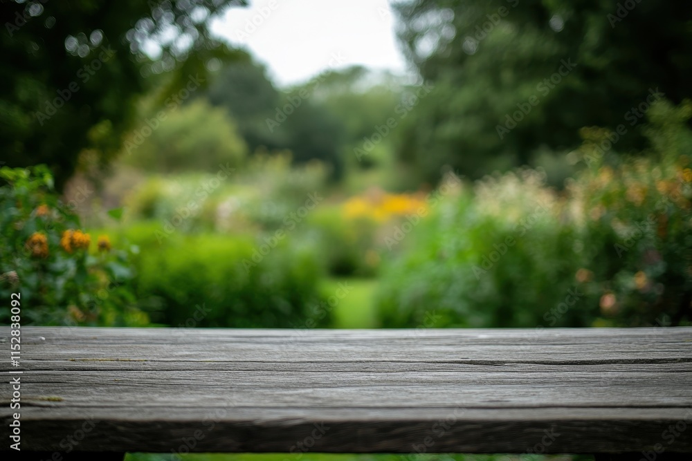 Wooden table in front of blurred garden. (1) Wooden table in front of blurred garden. (1)