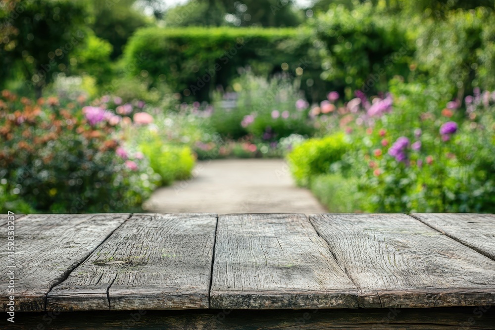 Rustic wooden table in front of a blurred garden. Rustic wooden table in front of a blurred garden.