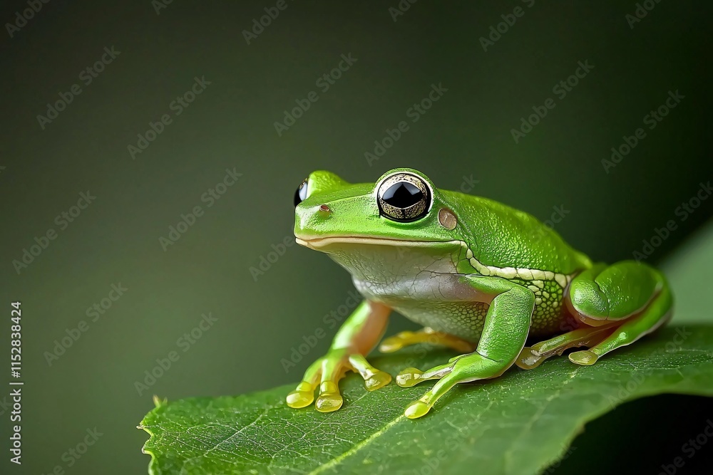 Macro Photography of Bright Green Tree Frog on Leaf Against Vibrant Green Background Macro Photography of Bright Green Tree Frog on Leaf Against Vibrant Green Background