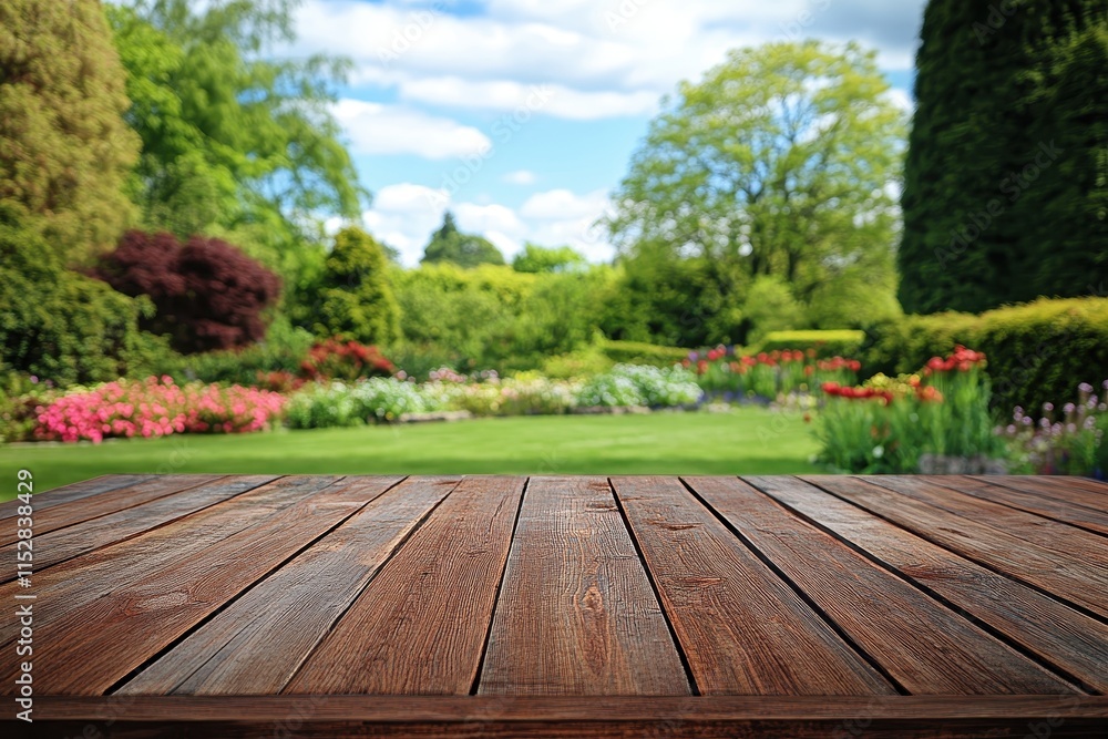 Wooden table in front of a vibrant garden. (2) Wooden table in front of a vibrant garden. (2)