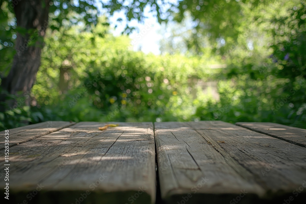 Rustic wooden picnic table in a lush green garden. Rustic wooden picnic table in a lush green garden.