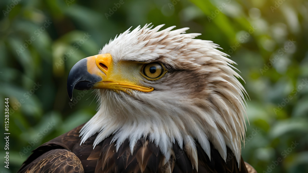 Fototapeta premium A close-up of an eagle's head, highlighting its piercing golden eyes and sharply curved beak, set against a softly blurred natural background of lush greenery, ultra-detailed and perfect for wildlife 