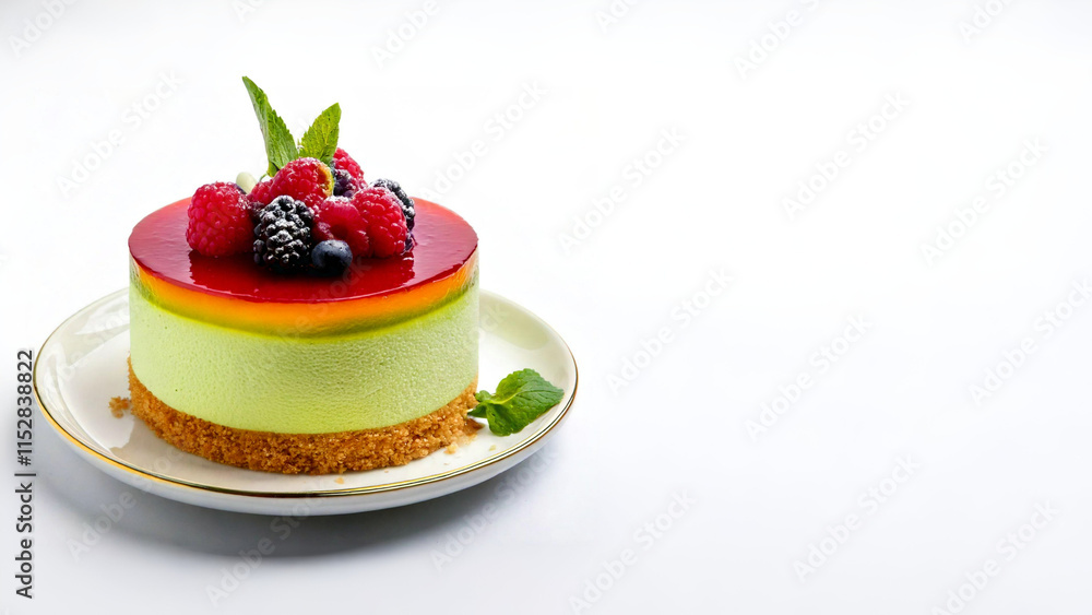 A mousse cake placed on a white background and showcasing its creamy texture, elegant and delectable appearance A mousse cake placed on a white background and showcasing its creamy texture, elegant and delectable appearance