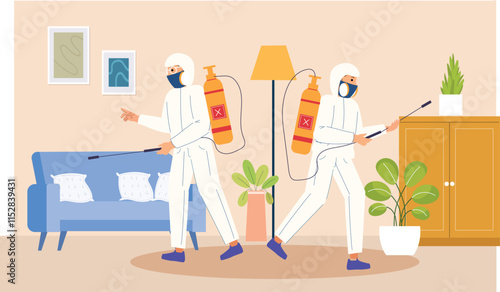 An illustration of a pest control team carrying out dual-action disinfection at a home. The team, wearing protective uniforms