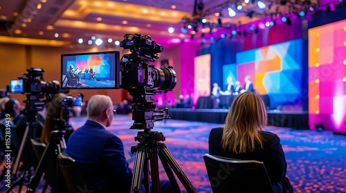 Camera filming a panel discussion at convention hall.