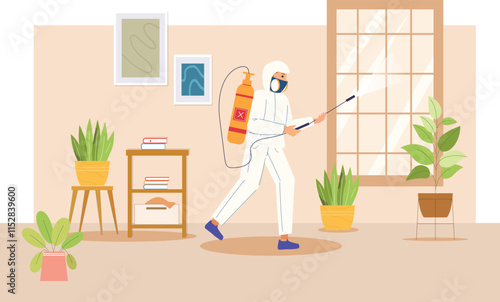 An illustration of a professional pest management service performing disinfection near windows.