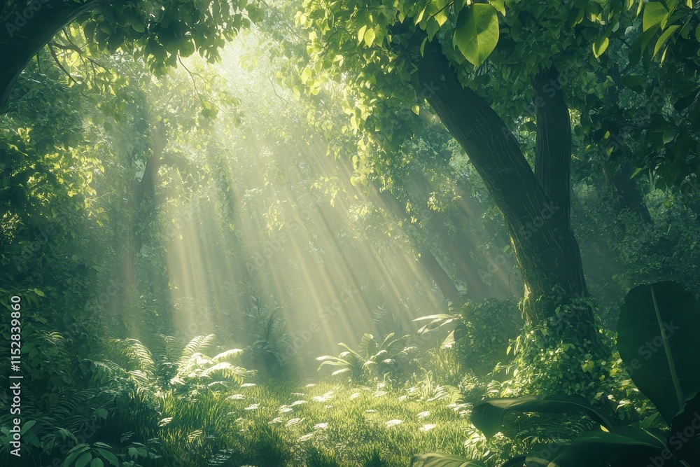 Sunbeams illuminate a lush, green forest path. (4) Sunbeams illuminate a lush, green forest path. (4)
