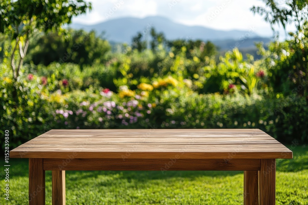 Empty wooden table in a garden with mountain view. Empty wooden table in a garden with mountain view.