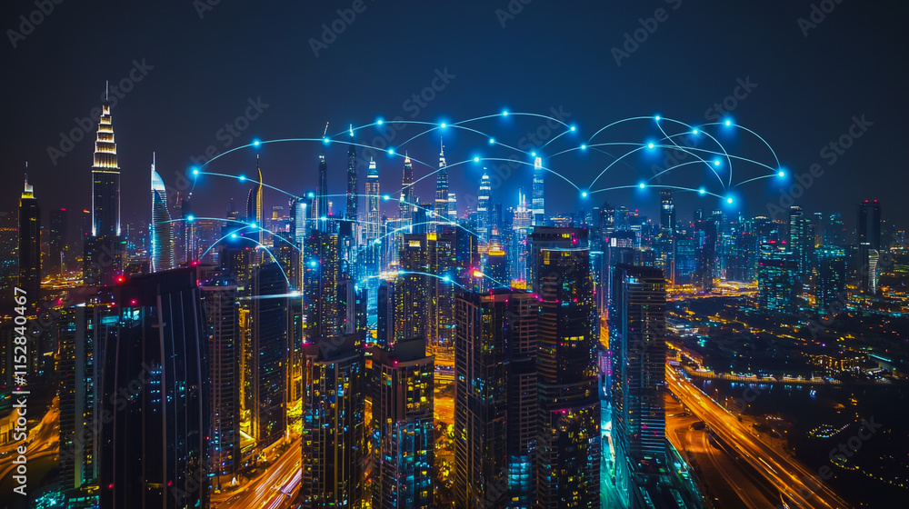 Obraz premium Smart digital city with connection cyber security network reciprocity over the cityscape . future smart wireless digital city and social media networking systems that connects people within the city