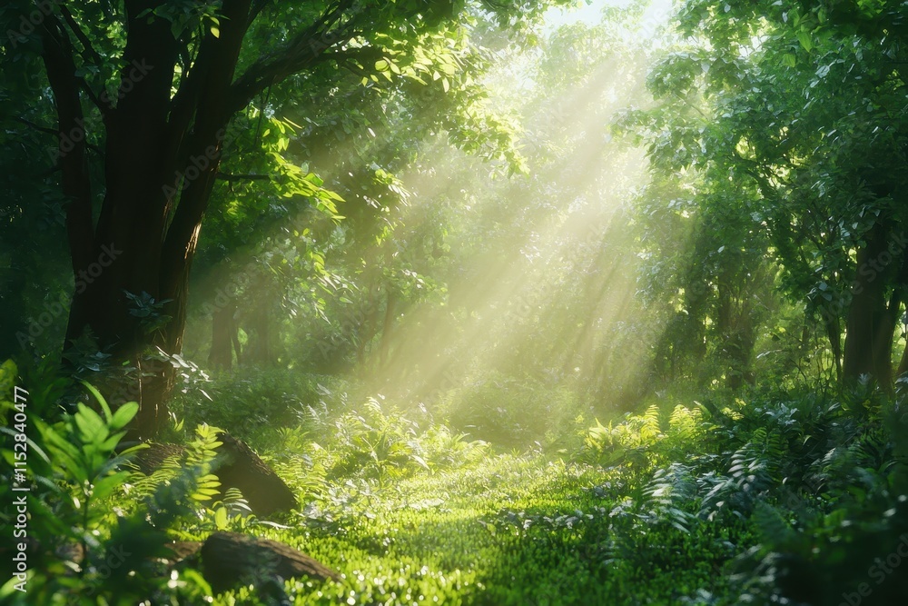 Sunbeams illuminate lush green forest path. (3) Sunbeams illuminate lush green forest path. (3)