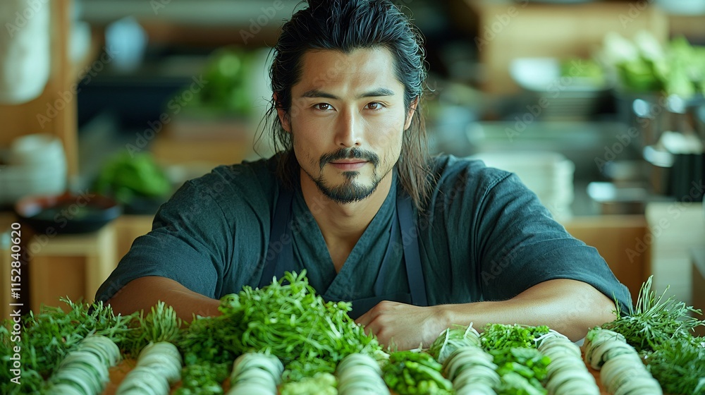 Fototapeta premium Asian chef presenting fresh vegetables in restaurant