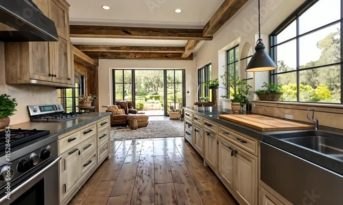 Wallpaper Mural Rustic Farmhouse Kitchen Design: Open Concept Interior with Wooden Beams and Natural Light Torontodigital.ca