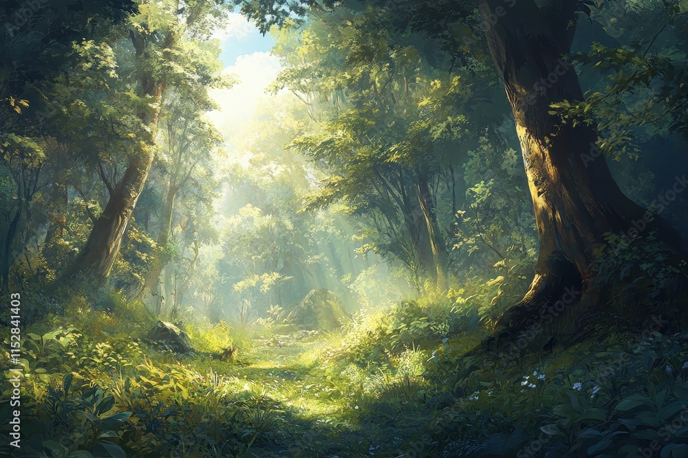 Sunbeams illuminate a lush green forest path. (10) Sunbeams illuminate a lush green forest path. (10)