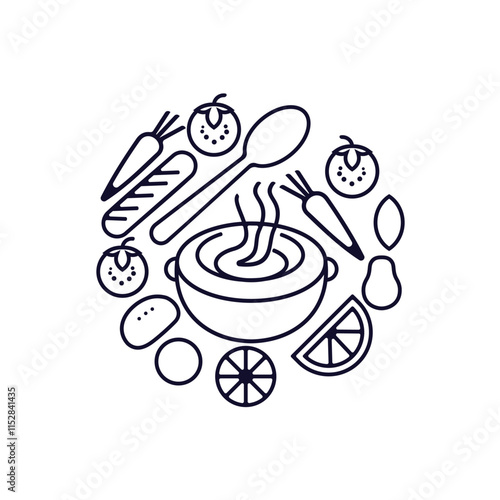 logo design with stylized fork and spoon crossing over a steaming bowl of soup, with playful food elements like vegetables, bread, and fruits