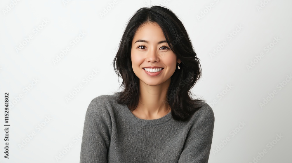 Smiling Asian woman with black hair in gray sweater Smiling Asian woman with black hair in gray sweater