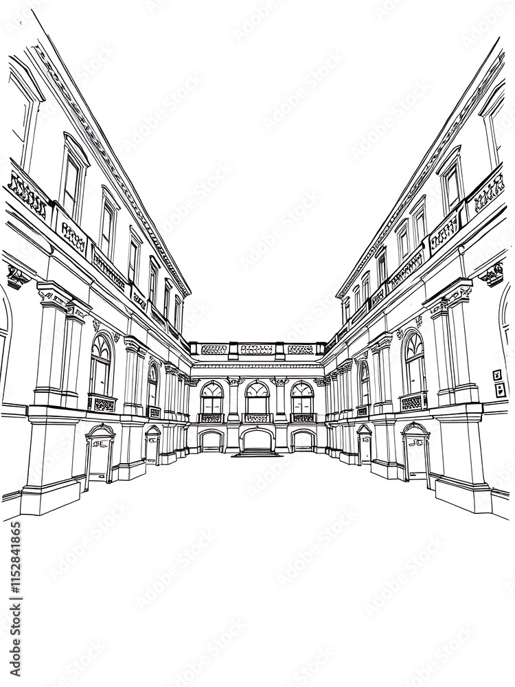 Obraz premium Elegant Palace Courtyard: Detailed Line Art Illustration. AI Generated
