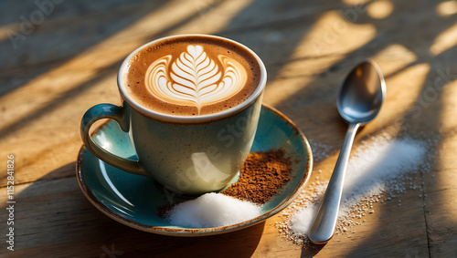 latte art masterpiece in vintage ceramic cup, beautifully presented on wooden table with sugar and spoon, evokes warmth and comfort photo