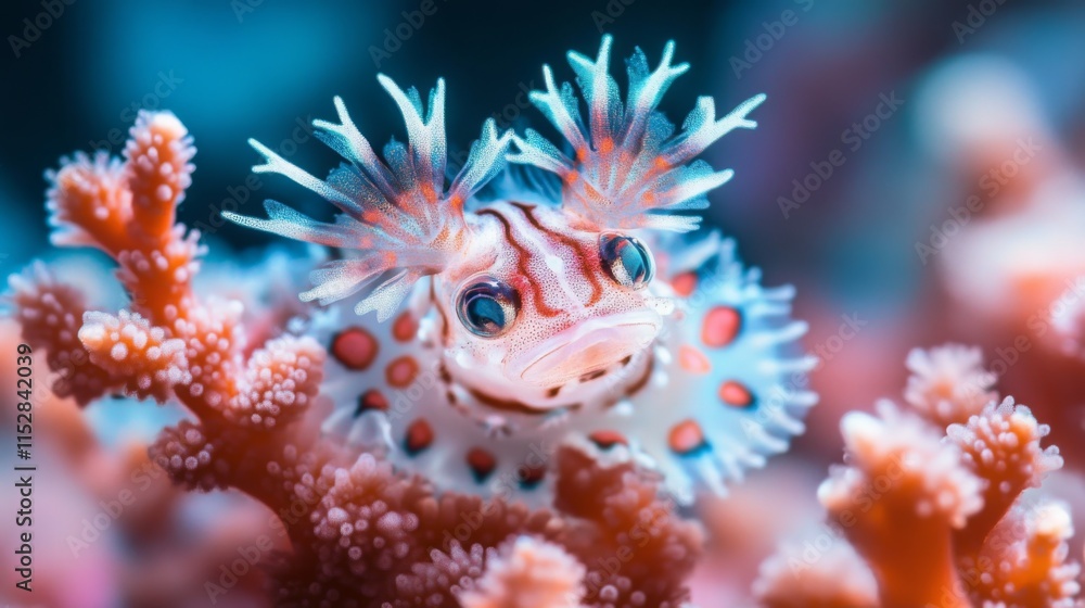 Fototapeta premium Charming Underwater Portrait of a Colorful Sea Creature with Bright Patterns and Delicate Coral Habitat in Crystal Clear Ocean Waters