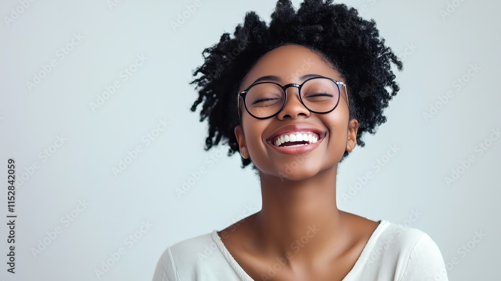 Young black woman with afro and glasses smiles joyfully Young black woman with afro and glasses smiles joyfully