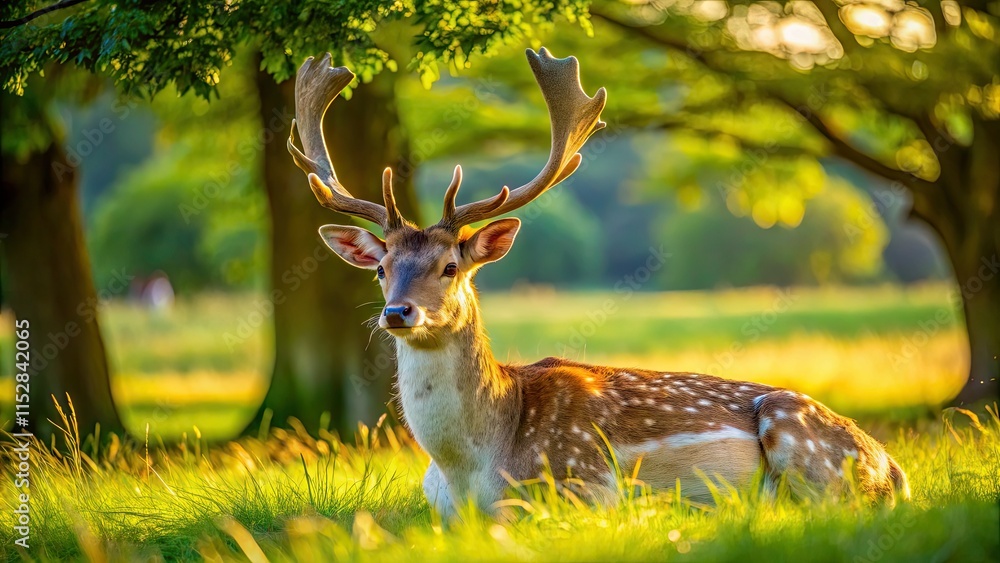 Fototapeta premium Majestic fallow deer bask in Petworth Park's sunlit glades, a stunning English wildlife scene.