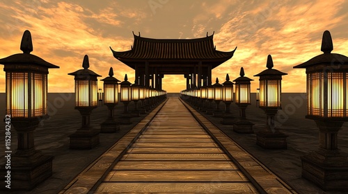 Illuminated Pagoda surrounded by Lanterns in a Balanced 3D Landscape Composition with a Serene and Mystical Atmosphere Suitable for Use as a Text Placeholder or Design Background photo