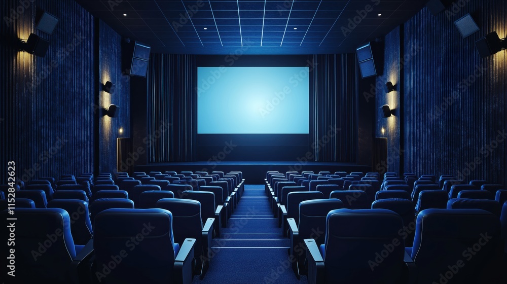 Empty Cinema Auditorium with Blue Seats and Illuminated Screen Empty Cinema Auditorium with Blue Seats and Illuminated Screen