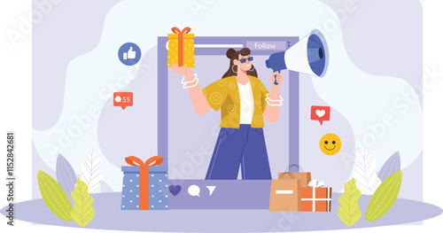 An illustration of an online contest giveaway design for social platforms, featuring a vibrant, eye-catching layout with a prize symbol like a gift box or trophy. 