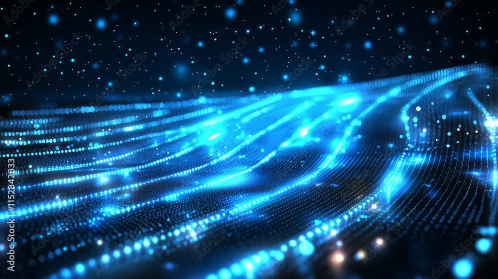 Fototapeta premium A digital landscape featuring glowing blue particles and lines, creating an ethereal, futuristic atmosphere reminiscent of a sci-fi environment. 