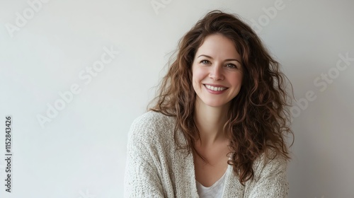 Smiling woman with long curly hair against white backdrop photo