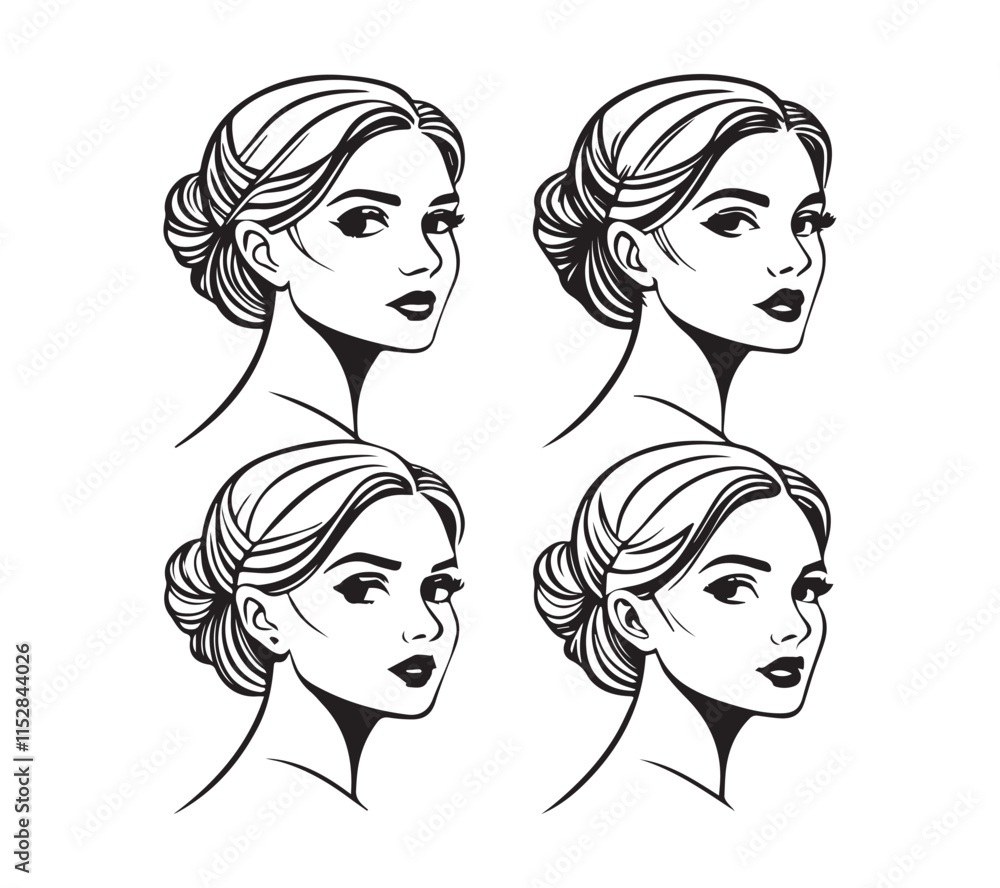 Set of stylized woman faces. Modern single line art. Woman beauty fashion concept, minimalistic style black and white Set of stylized woman faces. Modern single line art. Woman beauty fashion concept, minimalistic style black and white