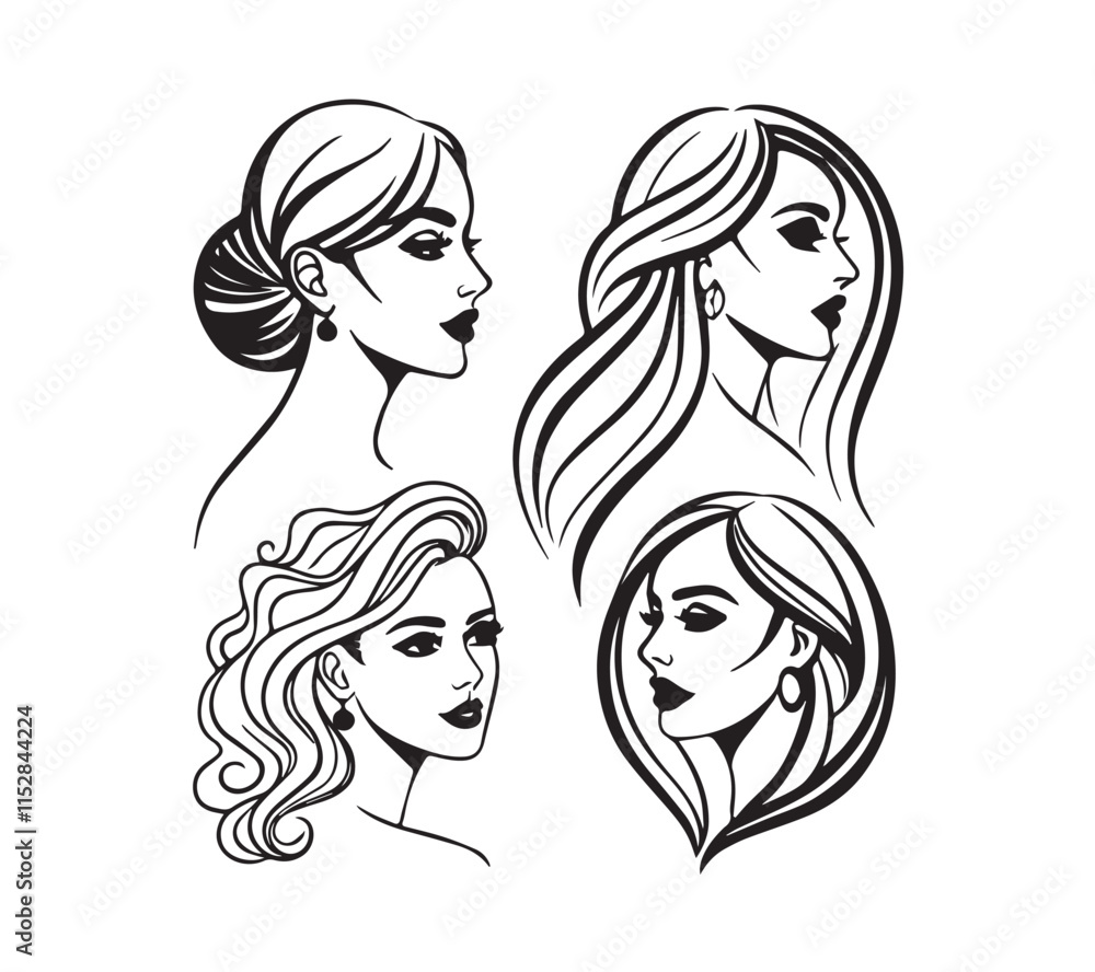 Set of stylized woman faces. Modern single line art. Woman beauty fashion concept, minimalistic style black and white Set of stylized woman faces. Modern single line art. Woman beauty fashion concept, minimalistic style black and white